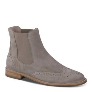Paul Green Suede Leather Ankle Boots Brown‎ Chelsea Style Booties Brogue Details